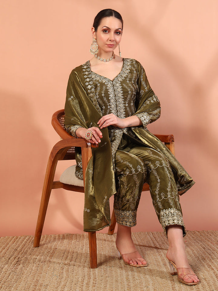 Olive Green Beads & Sequin Embellished Jacket Kurta Pant Set with Embroidery Dupatta