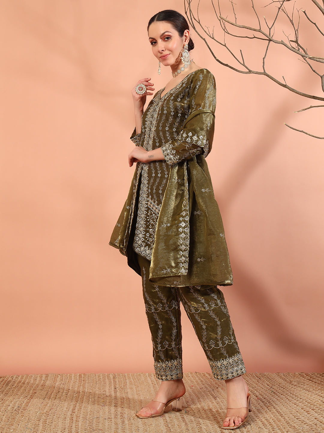 Olive Green Beads & Sequin Embellished Jacket Kurta Pant Set with Embroidery Dupatta