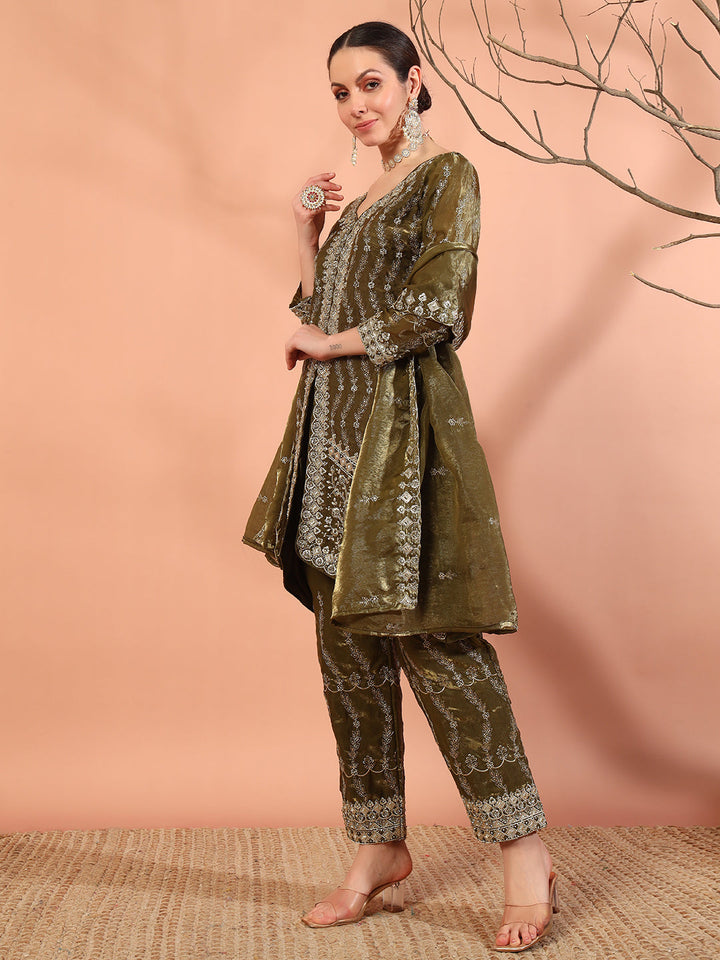 Olive Green Beads & Sequin Embellished Jacket Kurta Pant Set with Embroidery Dupatta