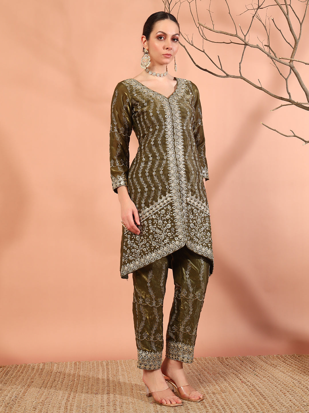 Olive Green Beads & Sequin Embellished Jacket Kurta Pant Set with Embroidery Dupatta