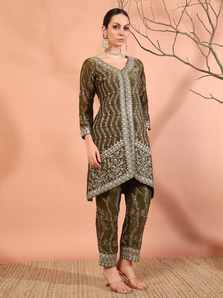 Olive Green Beads & Sequin Embellished Jacket Kurta Pant Set with Embroidery Dupatta