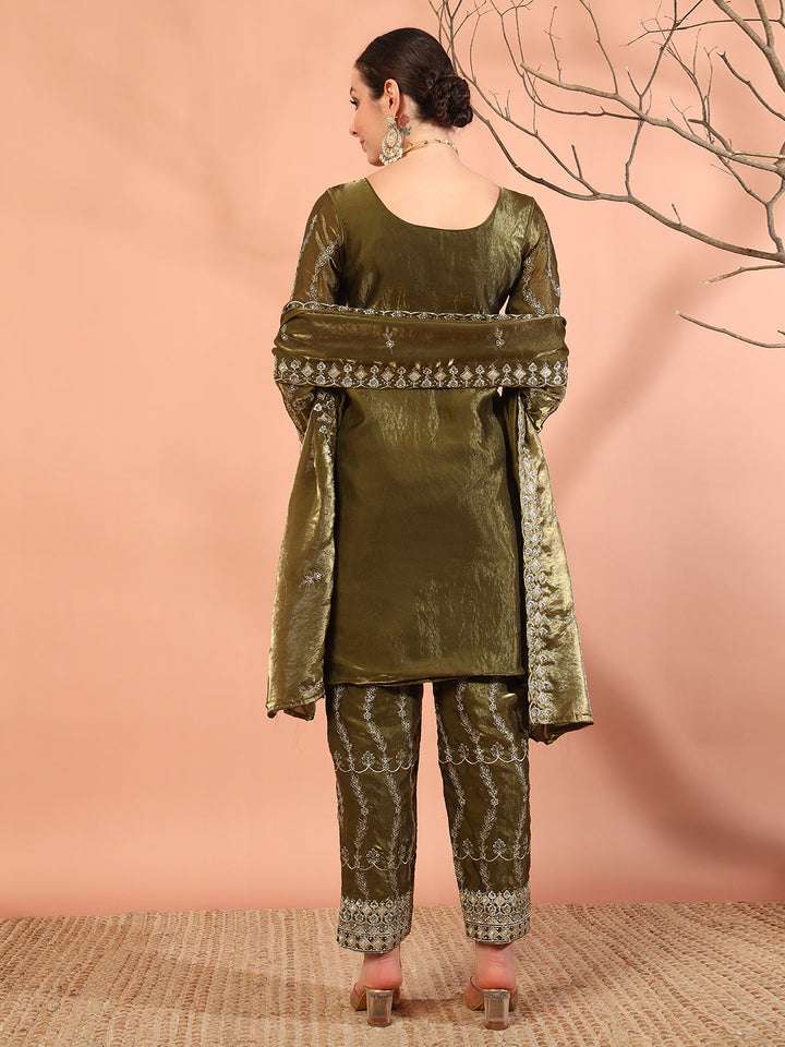 Olive Green Beads & Sequin Embellished Jacket Kurta Pant Set with Embroidery Dupatta