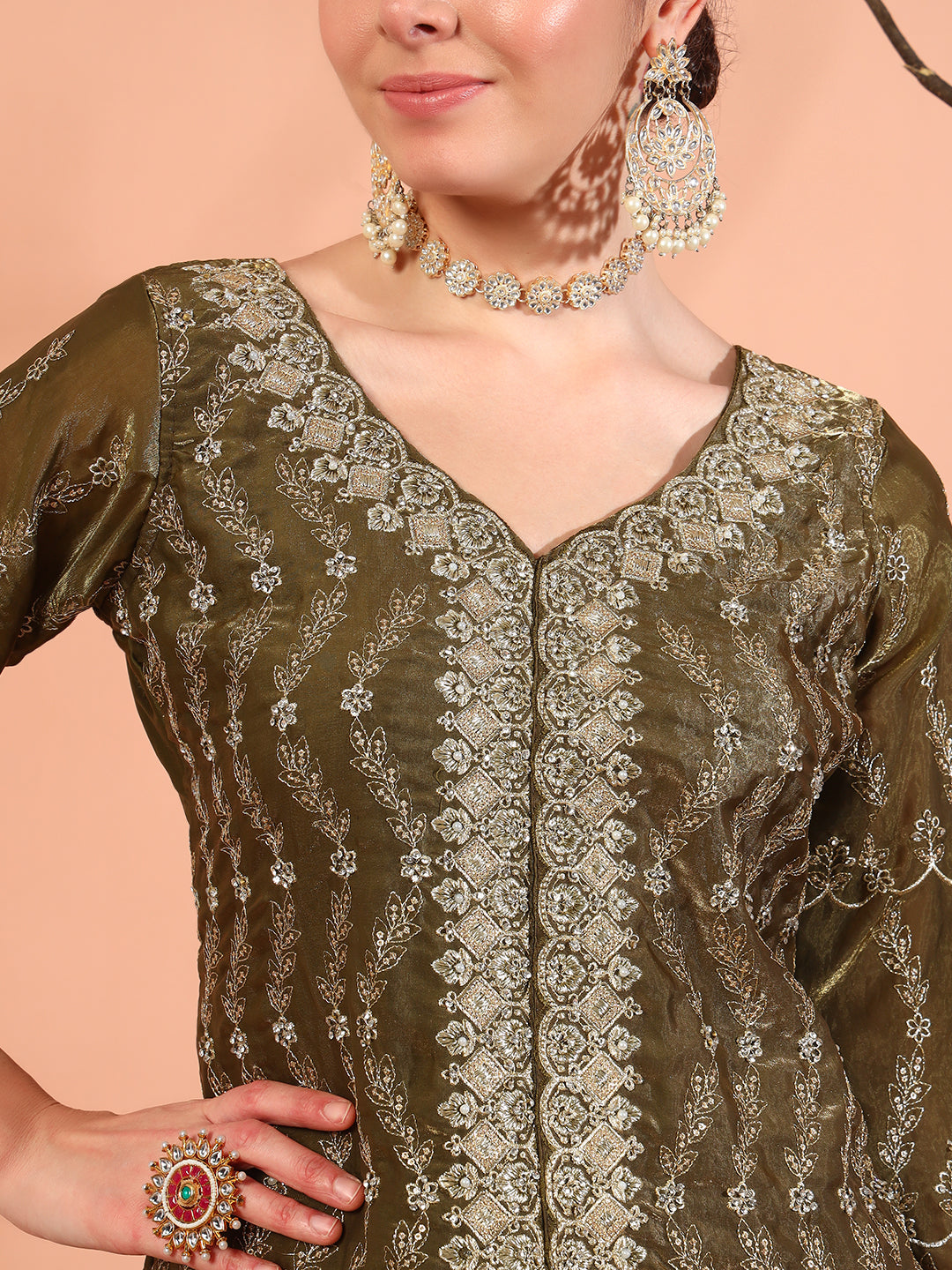 Olive Green Beads & Sequin Embellished Jacket Kurta Pant Set with Embroidery Dupatta