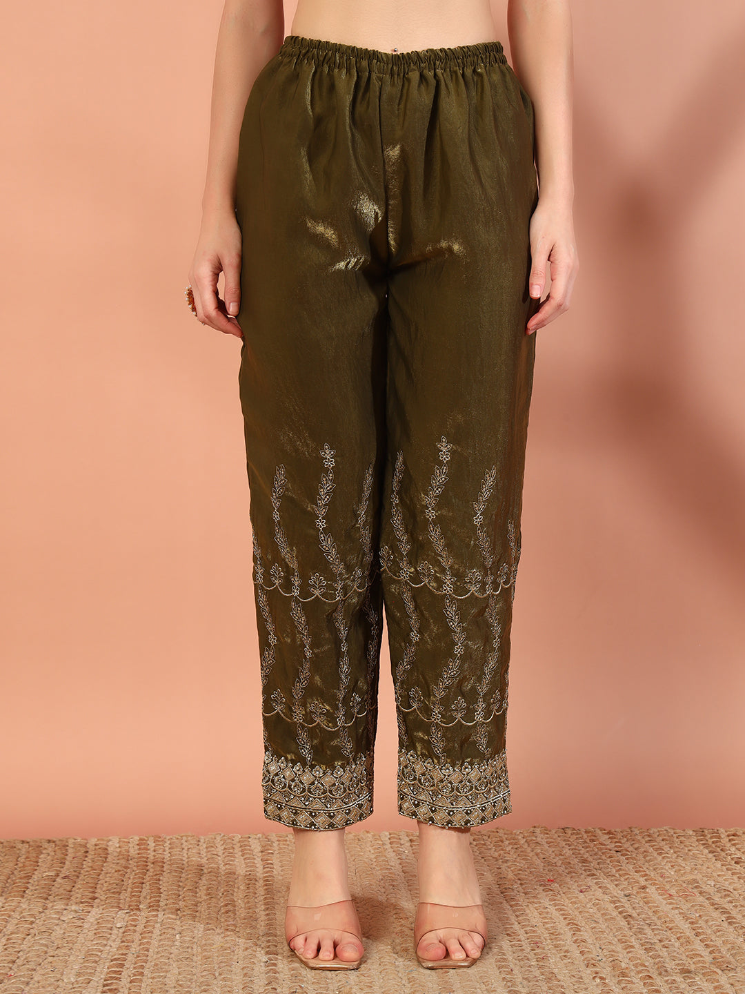 Olive Green Beads & Sequin Embellished Jacket Kurta Pant Set with Embroidery Dupatta