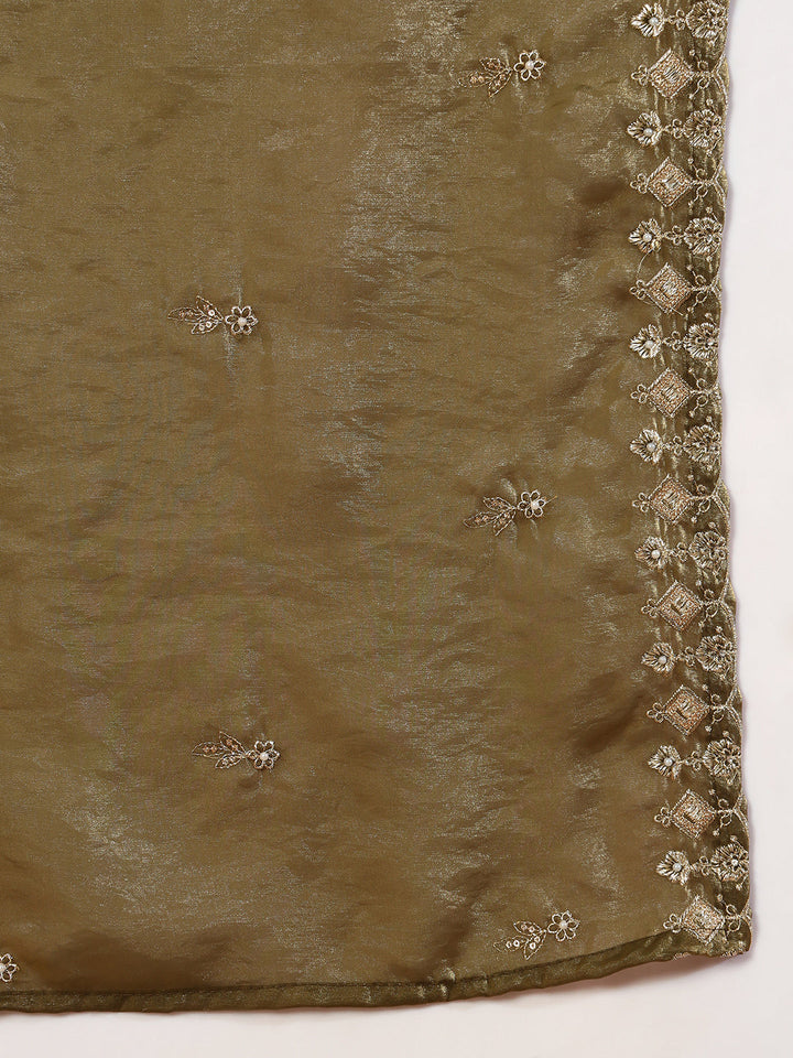 Olive Green Beads & Sequin Embellished Jacket Kurta Pant Set with Embroidery Dupatta