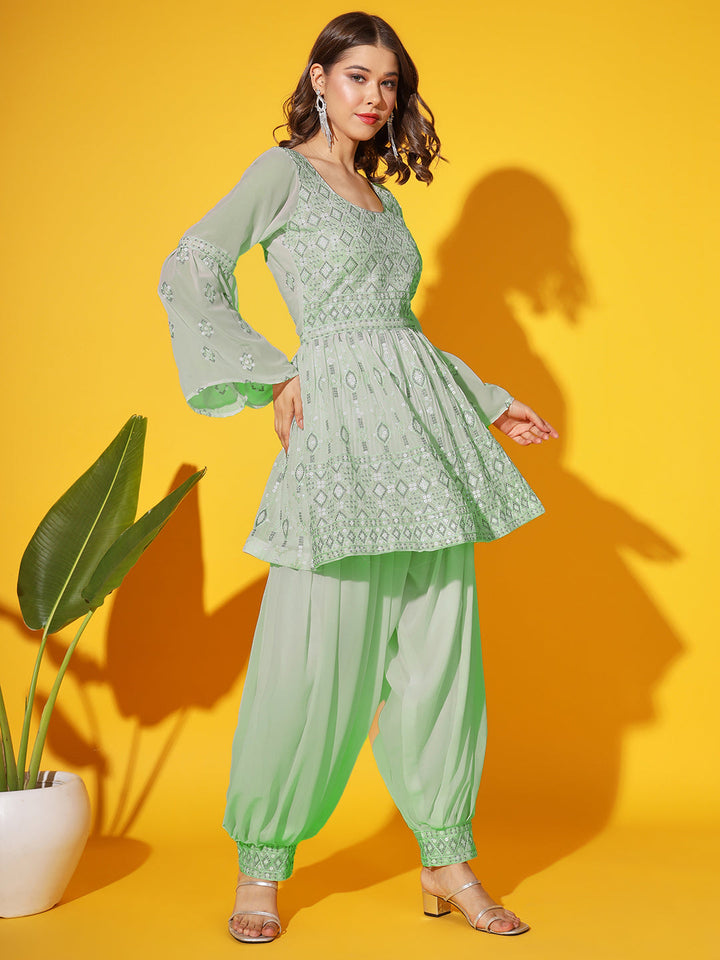Peplum Resham Zari Embroidered Kurta Set & Embellished Afghan Salwar