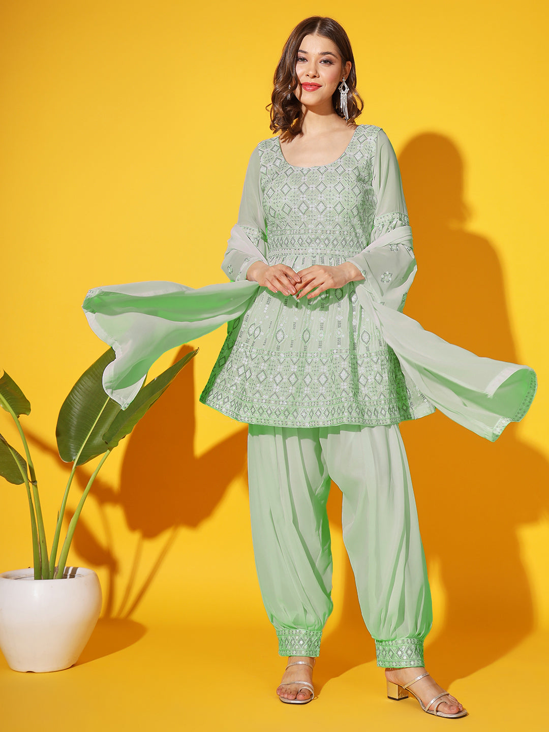 Peplum Resham Zari Embroidered Kurta Set & Embellished Afghan Salwar