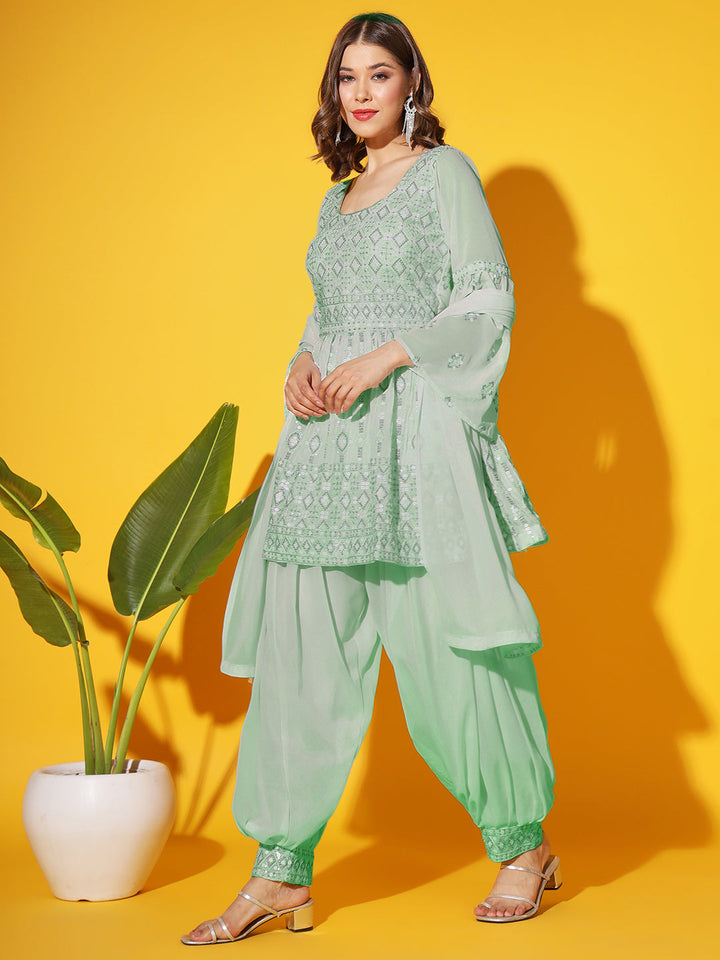 Peplum Resham Zari Embroidered Kurta Set & Embellished Afghan Salwar