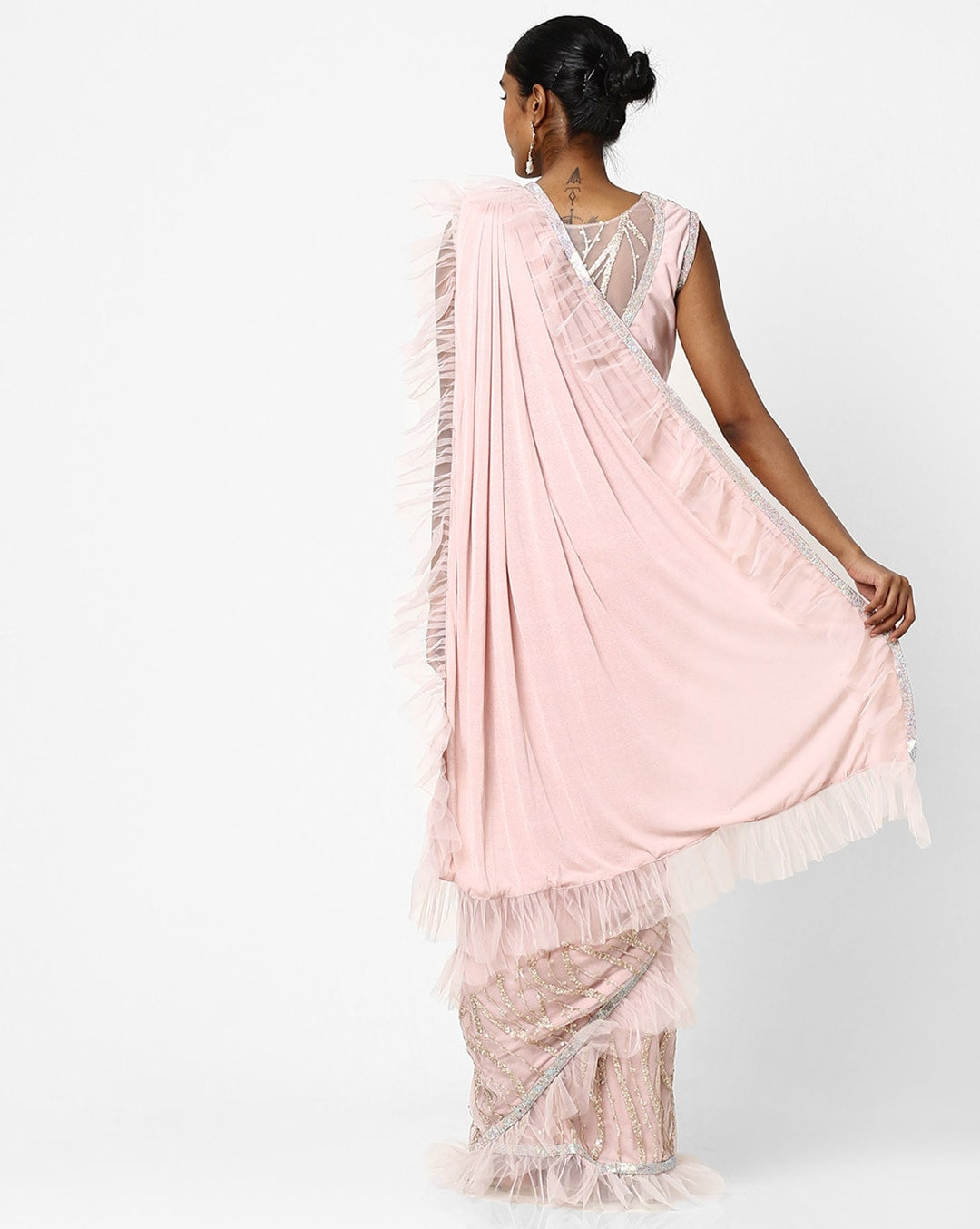 Made to Measure Nude Pink Ruffled Saree & Stylish Embellished Frills Blouse With Tassels