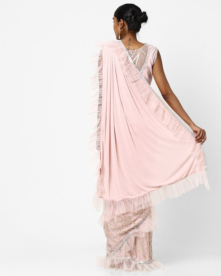 Made to Measure Nude Pink Ruffled Saree & Stylish Embellished Frills Blouse With Tassels
