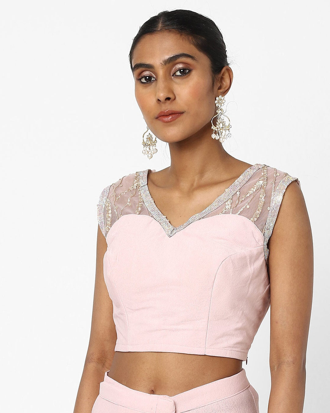 Made to Measure Nude Pink Ruffled Saree & Stylish Embellished Frills Blouse With Tassels