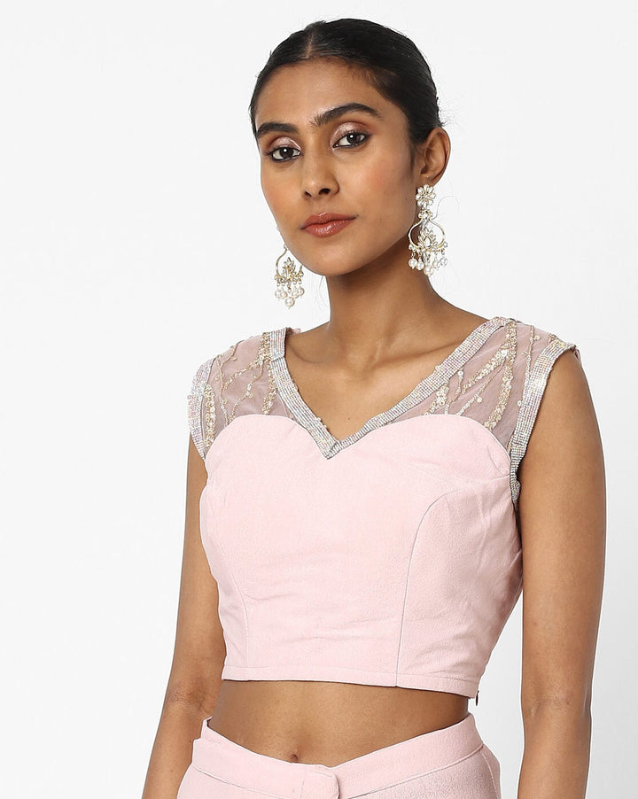 Made to Measure Nude Pink Ruffled Saree & Stylish Embellished Frills Blouse With Tassels