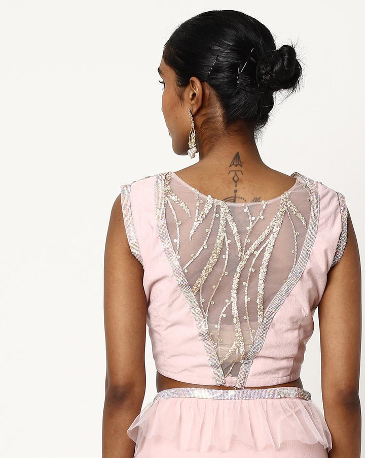 Made to Measure Nude Pink Ruffled Saree & Stylish Embellished Frills Blouse With Tassels