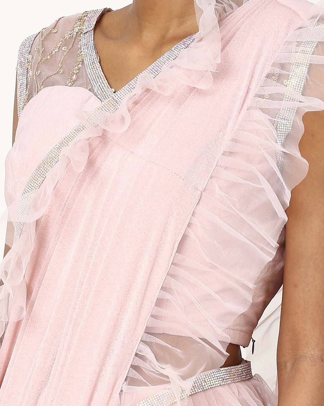 Made to Measure Nude Pink Ruffled Saree & Stylish Embellished Frills Blouse With Tassels