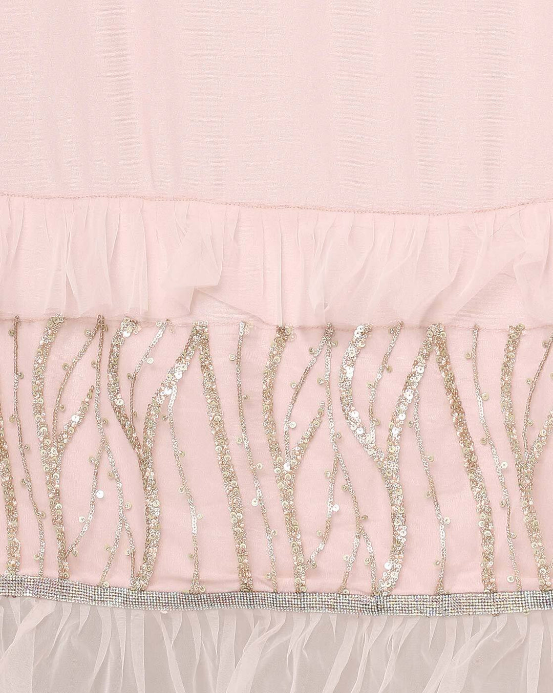 Made to Measure Nude Pink Ruffled Saree & Stylish Embellished Frills Blouse With Tassels