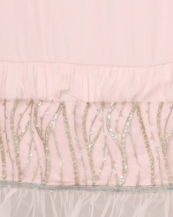 Made to Measure Nude Pink Ruffled Saree & Stylish Embellished Frills Blouse With Tassels