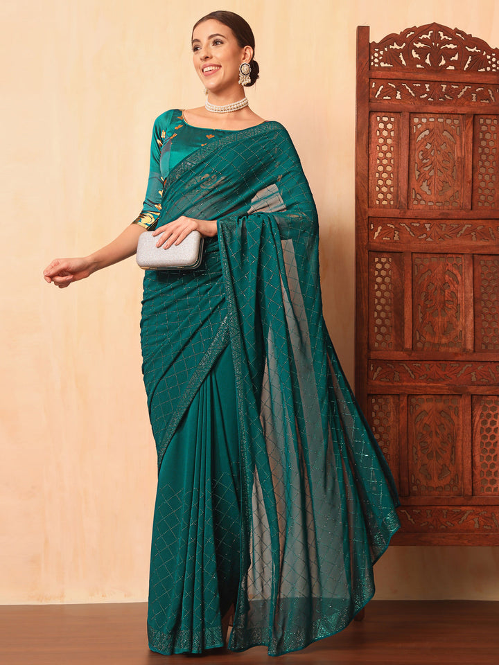 Flowy Georgette Cocktail Bling Saree with Swarovski Embellishments