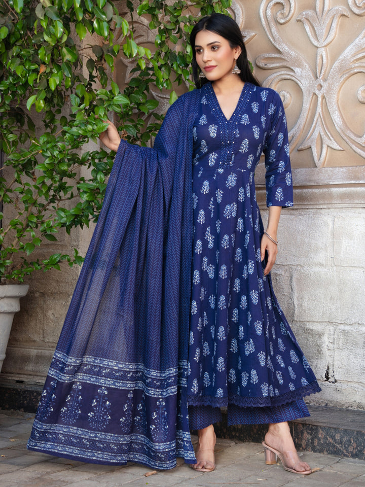 Navy Blue Floral Anarkali Kurta with Chevron Palazzos & Printed Dupatta Set