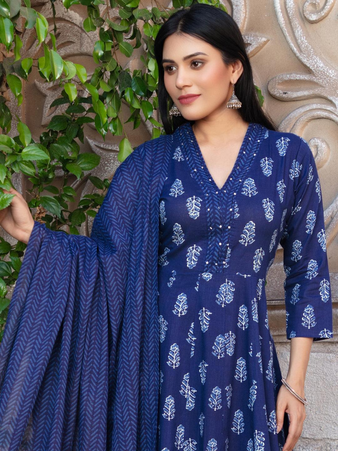 Navy Blue Floral Anarkali Kurta with Chevron Palazzos & Printed Dupatta Set