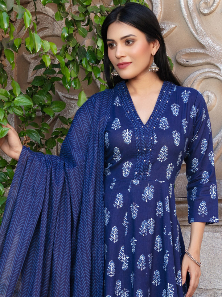 Navy Blue Floral Anarkali Kurta with Chevron Palazzos & Printed Dupatta Set