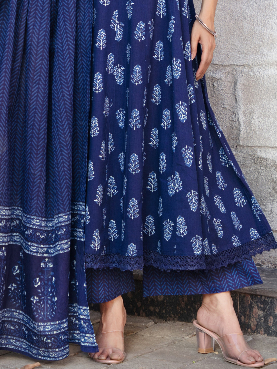 Navy Blue Floral Anarkali Kurta with Chevron Palazzos & Printed Dupatta Set