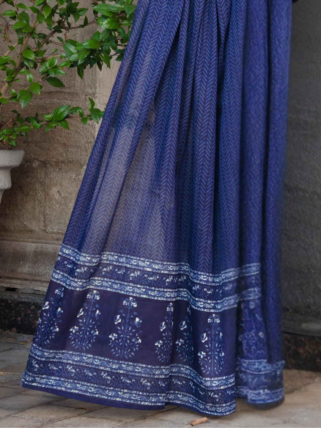 Navy Blue Floral Anarkali Kurta with Chevron Palazzos & Printed Dupatta Set