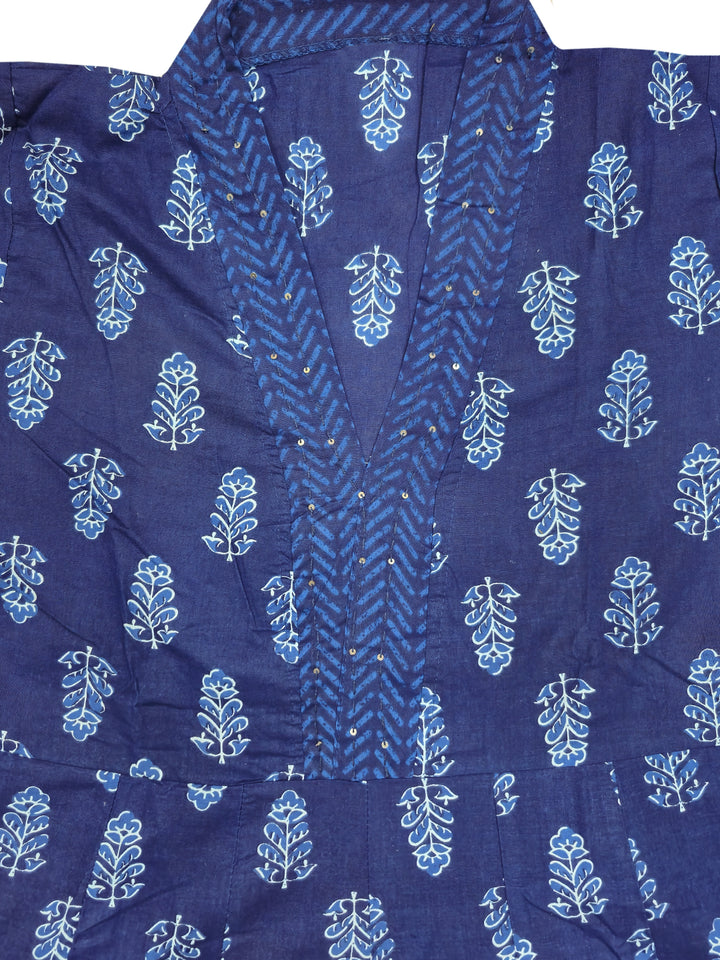 Navy Blue Floral Anarkali Kurta with Chevron Palazzos & Printed Dupatta Set