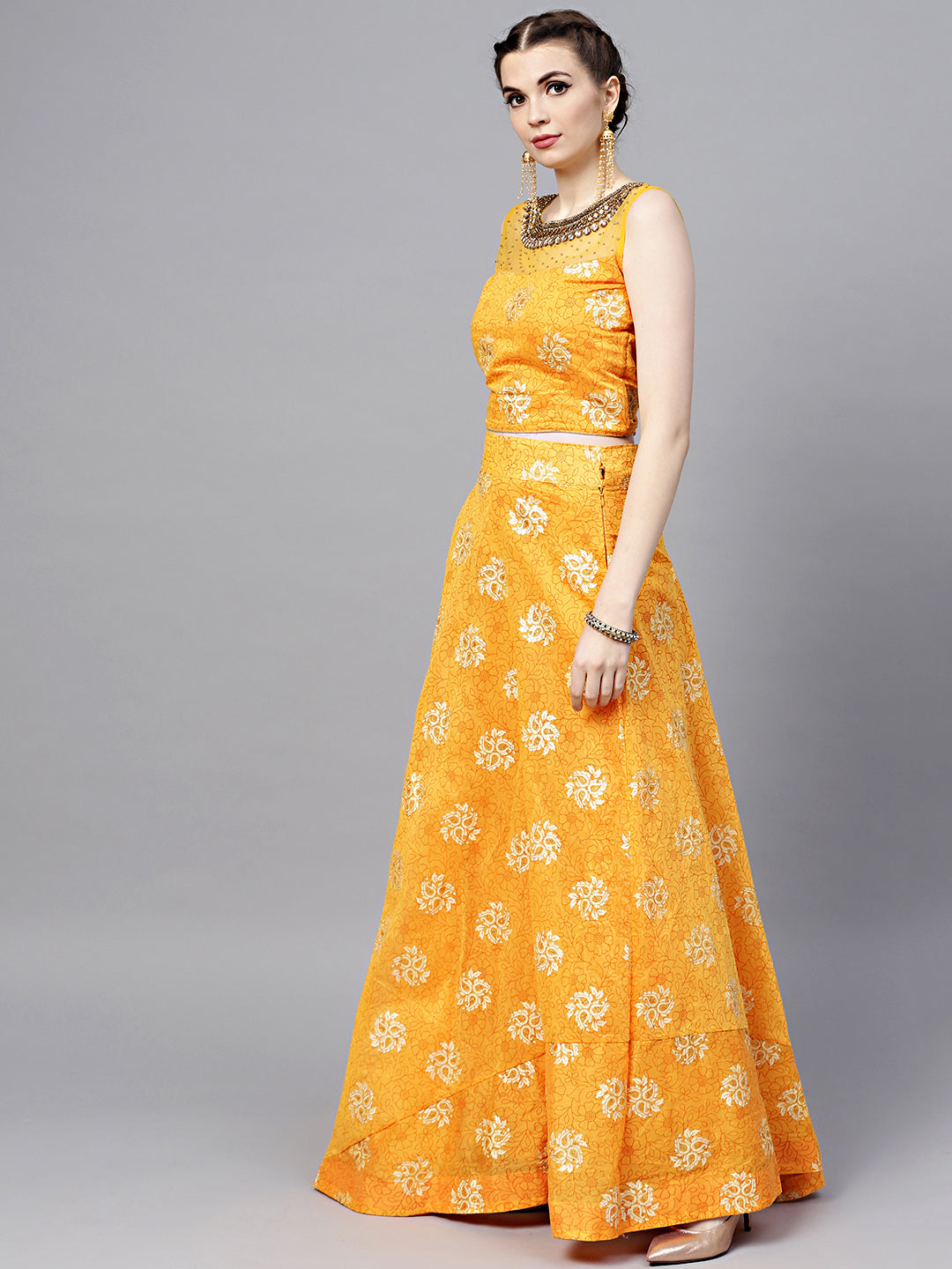 Embroidered Foil Print Crop Top Lehenga with Jeweled Neckline
