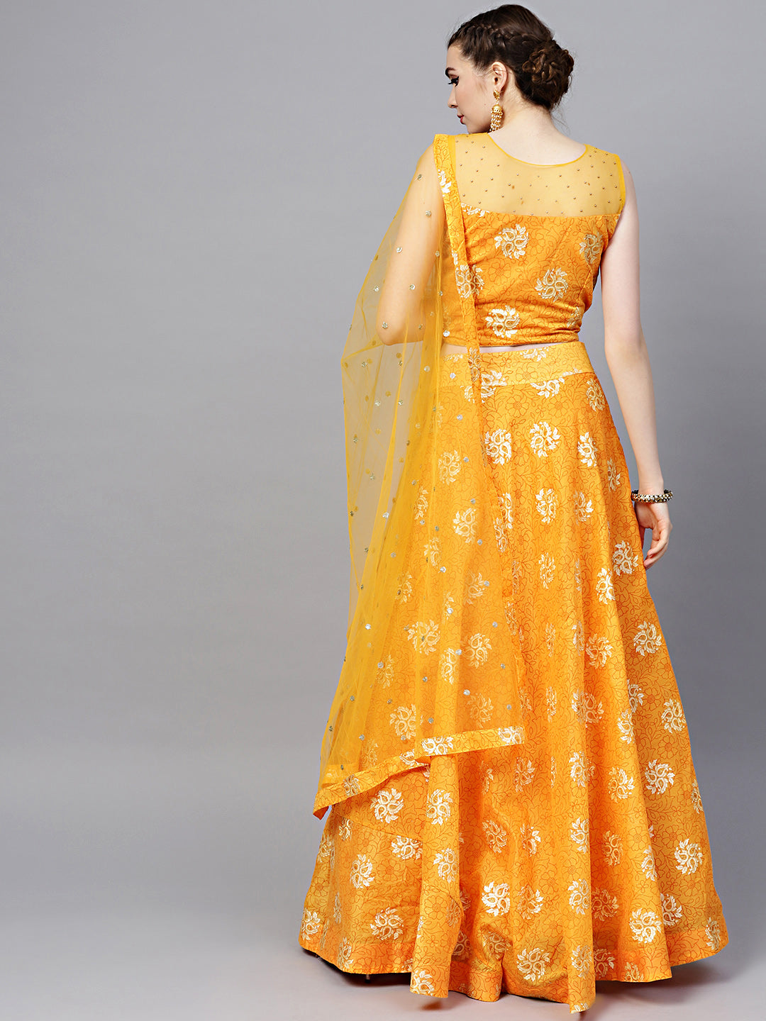 Embroidered Foil Print Crop Top Lehenga with Jeweled Neckline