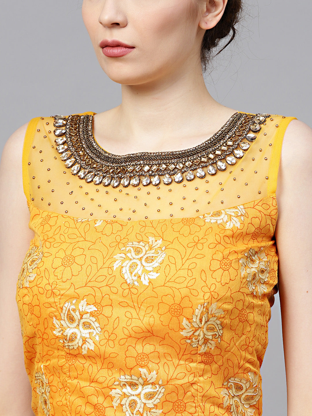 Embroidered Foil Print Crop Top Lehenga with Jeweled Neckline