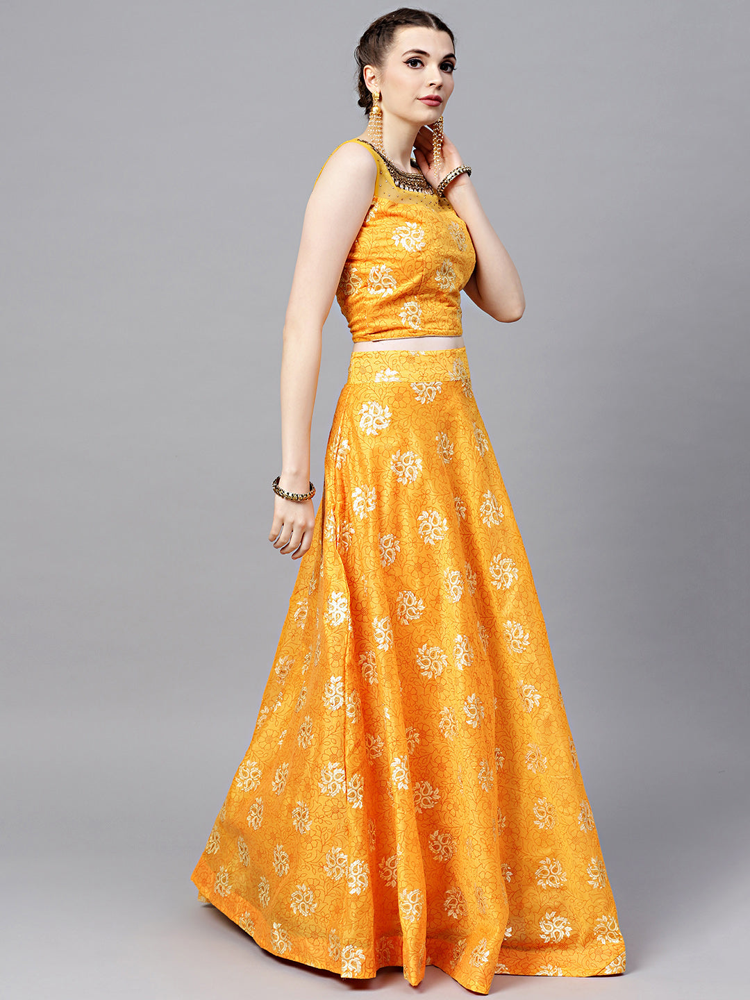 Embroidered Foil Print Crop Top Lehenga with Jeweled Neckline