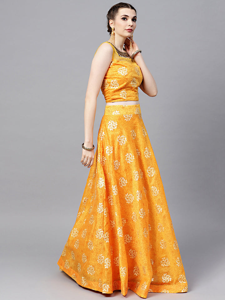 Embroidered Foil Print Crop Top Lehenga with Jeweled Neckline