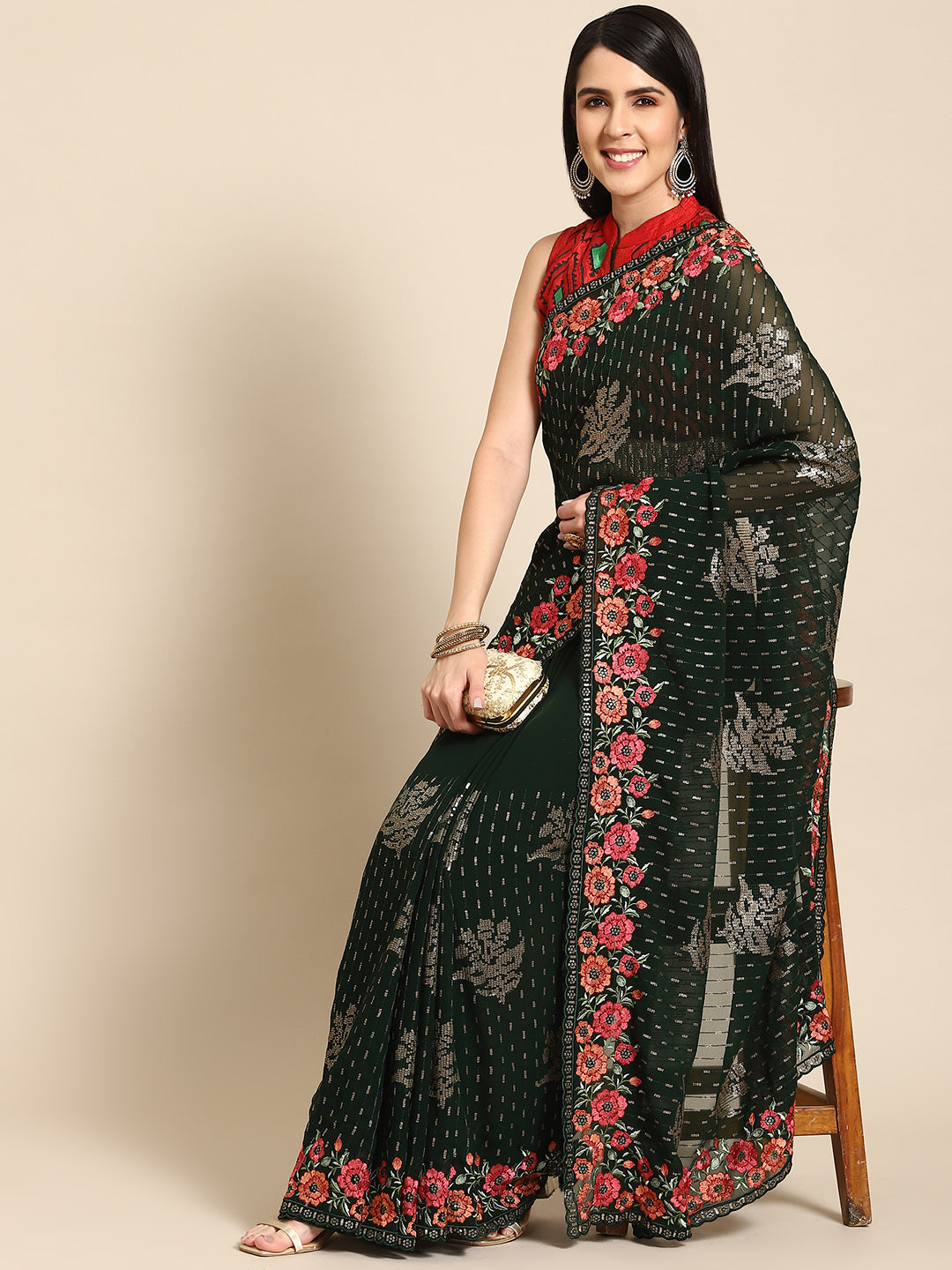 Sequin Embellished & Resham Embroidered Georgette Scalloped Saree