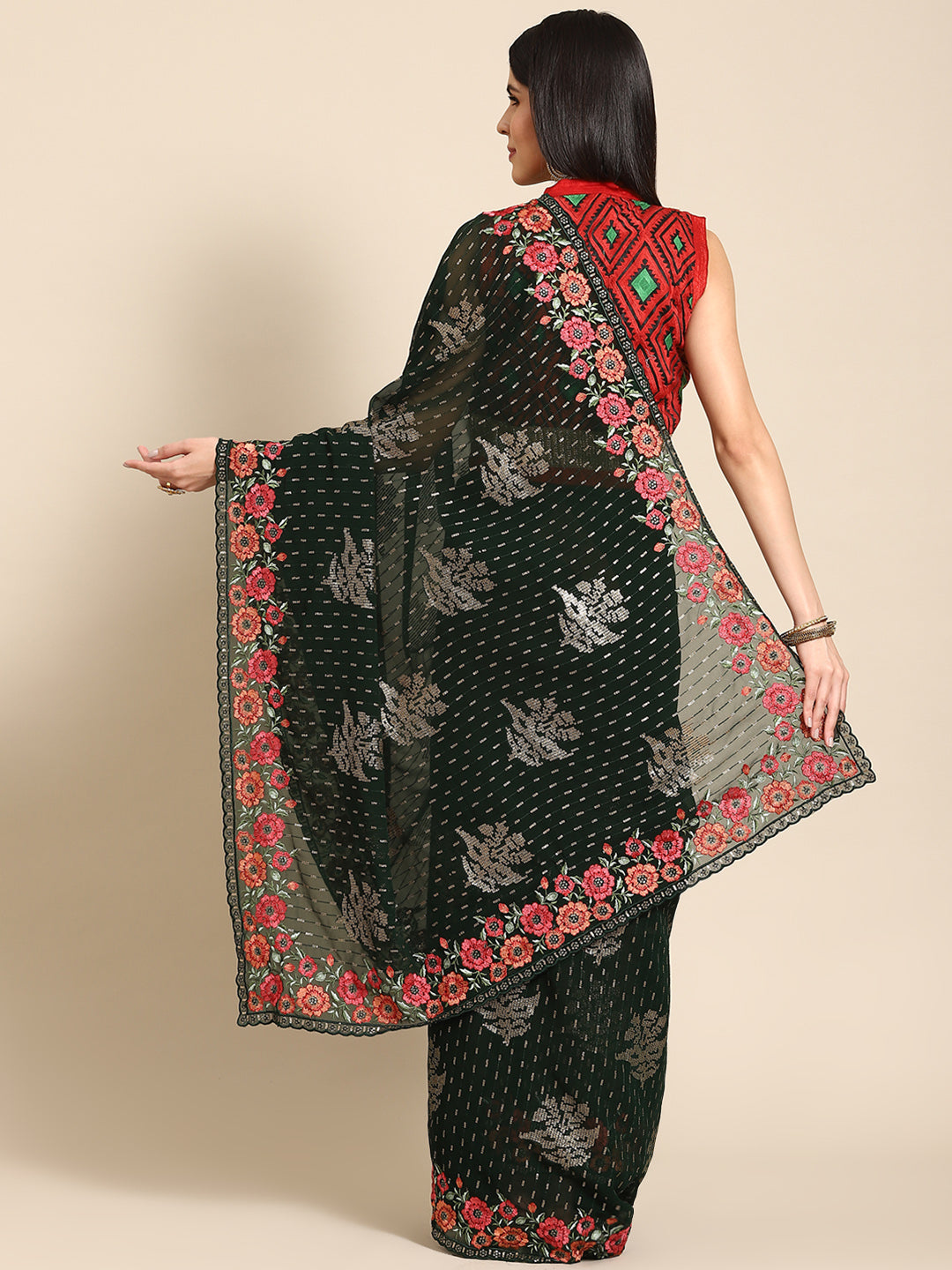 Sequin Embellished & Resham Embroidered Georgette Scalloped Saree
