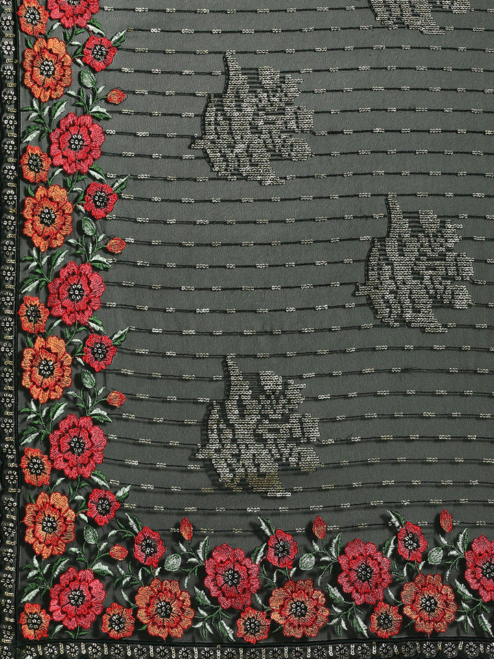 Sequin Embellished & Resham Embroidered Georgette Scalloped Saree