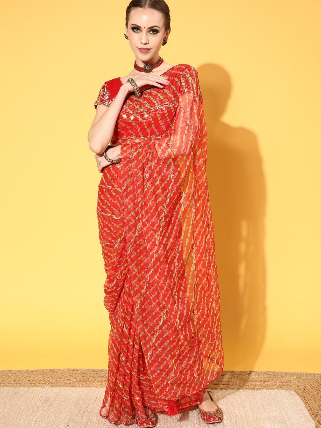 Leheriya Print Embroidered Georgette Saree With Multicolor Gota