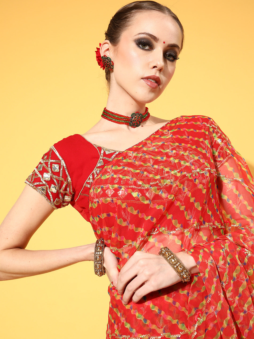 Leheriya Print Embroidered Georgette Saree With Multicolor Gota