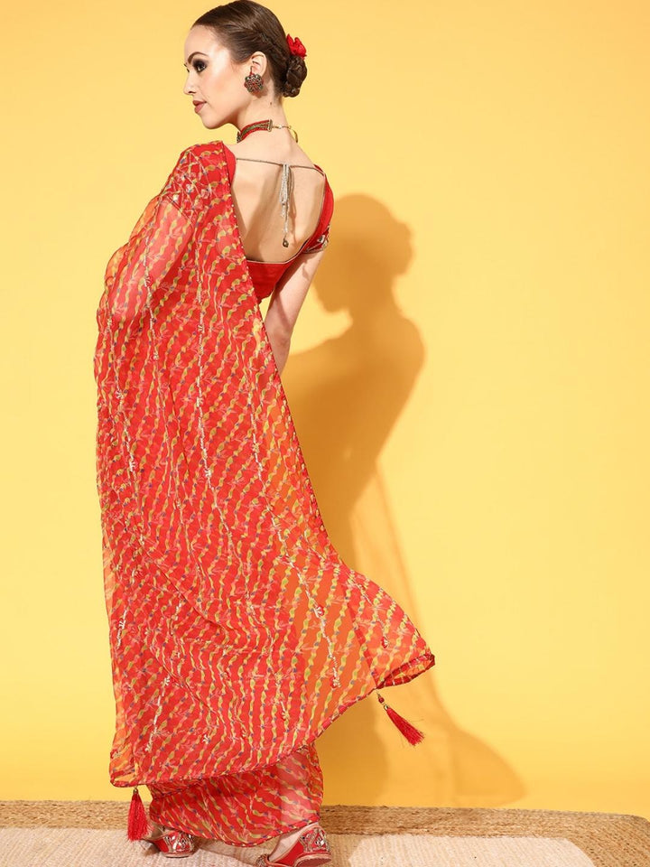 Leheriya Print Embroidered Georgette Saree With Multicolor Gota