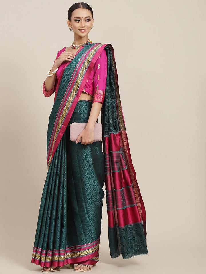 Teal Resham Woven Jamdani Saree Embellished with Contrast Border