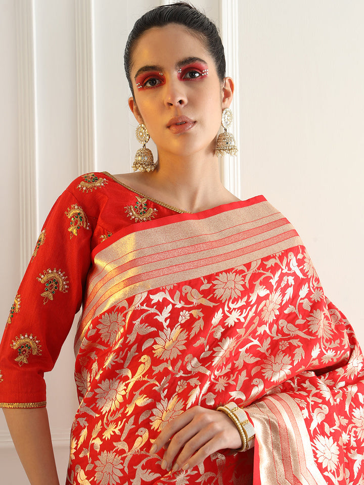 Bright Traditional Banarasi Saree with Bold Zari Peacock Motifs