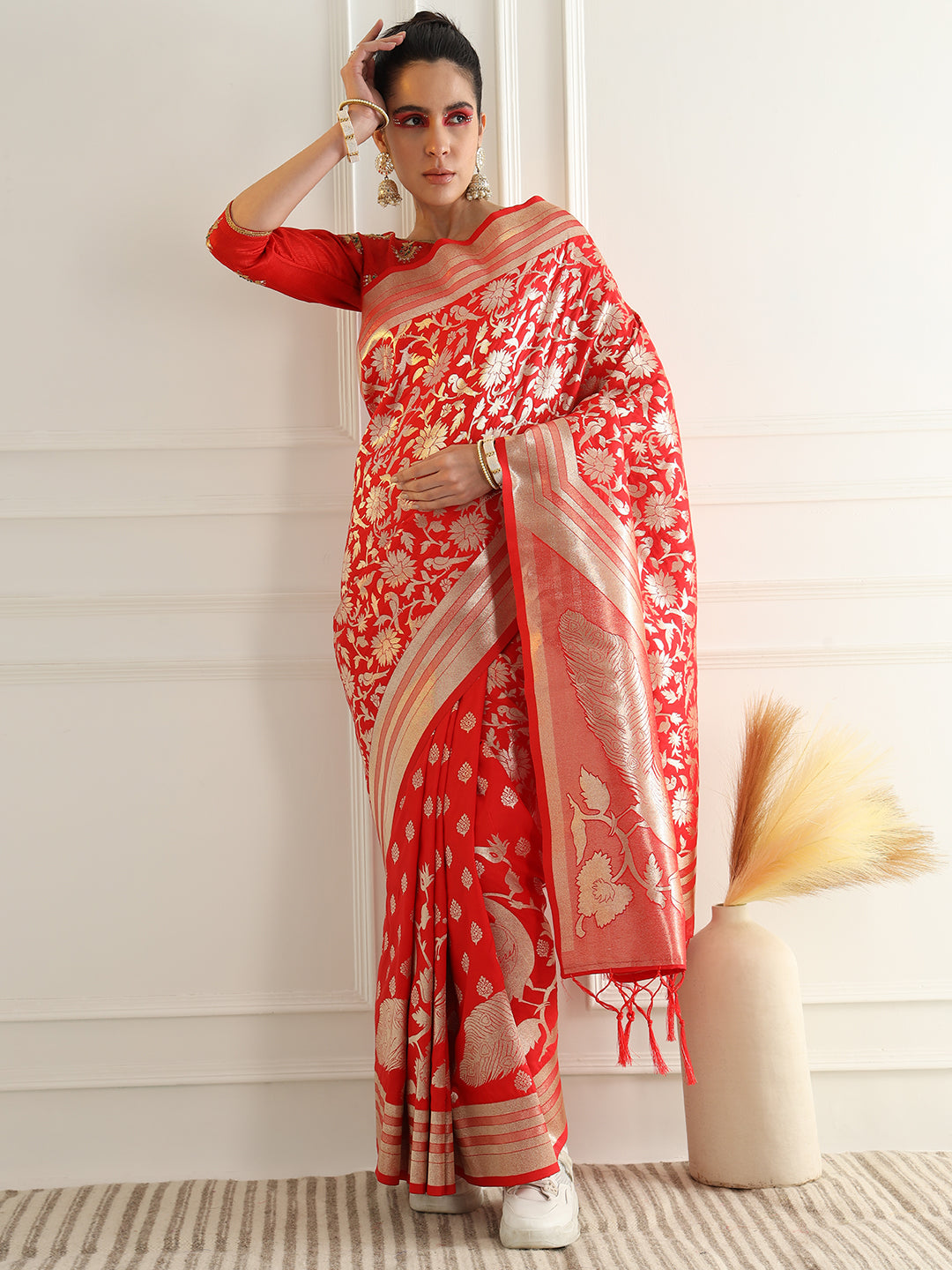 Bright Traditional Banarasi Saree with Bold Zari Peacock Motifs