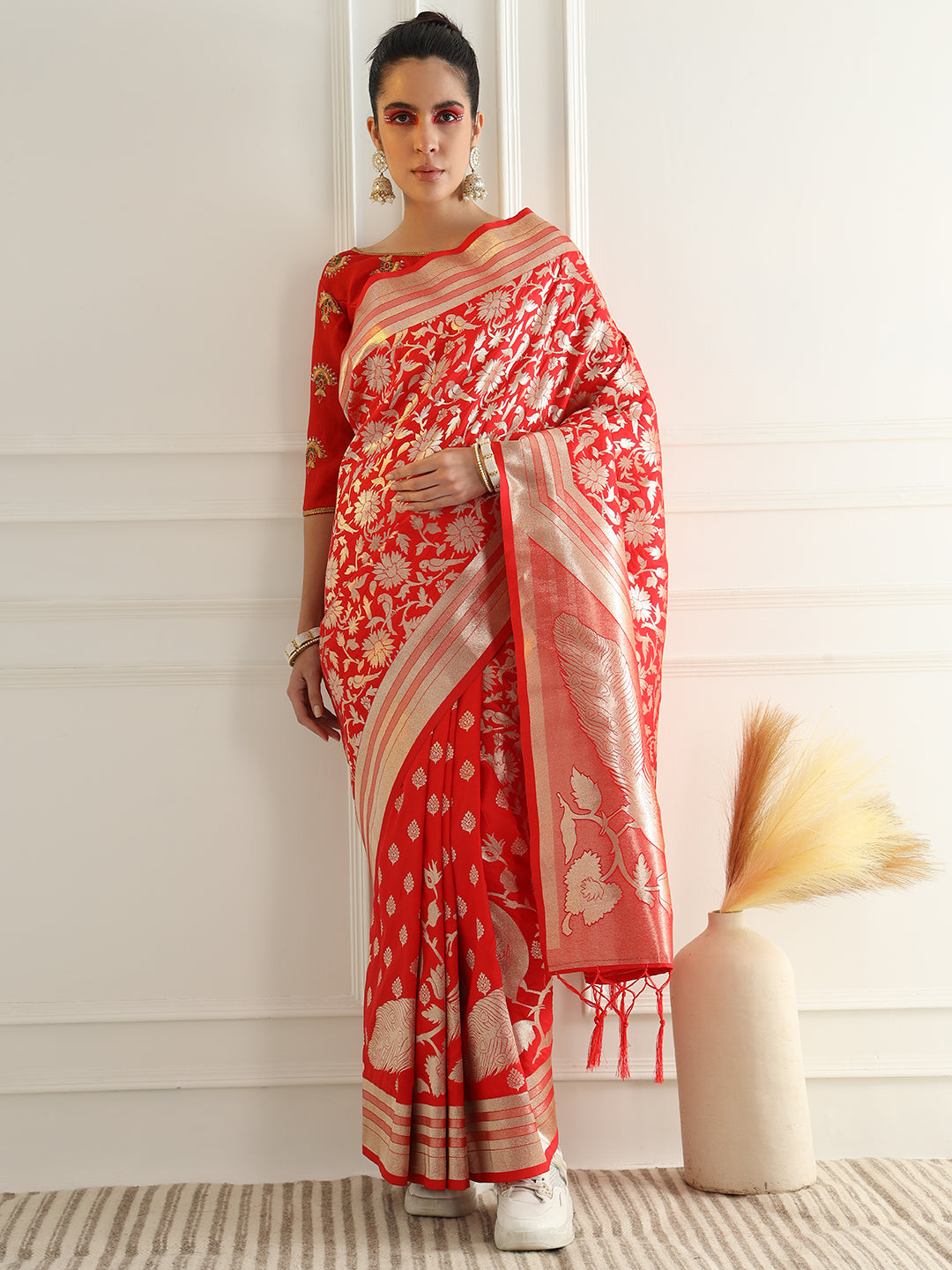 Bright Traditional Banarasi Saree with Bold Zari Peacock Motifs