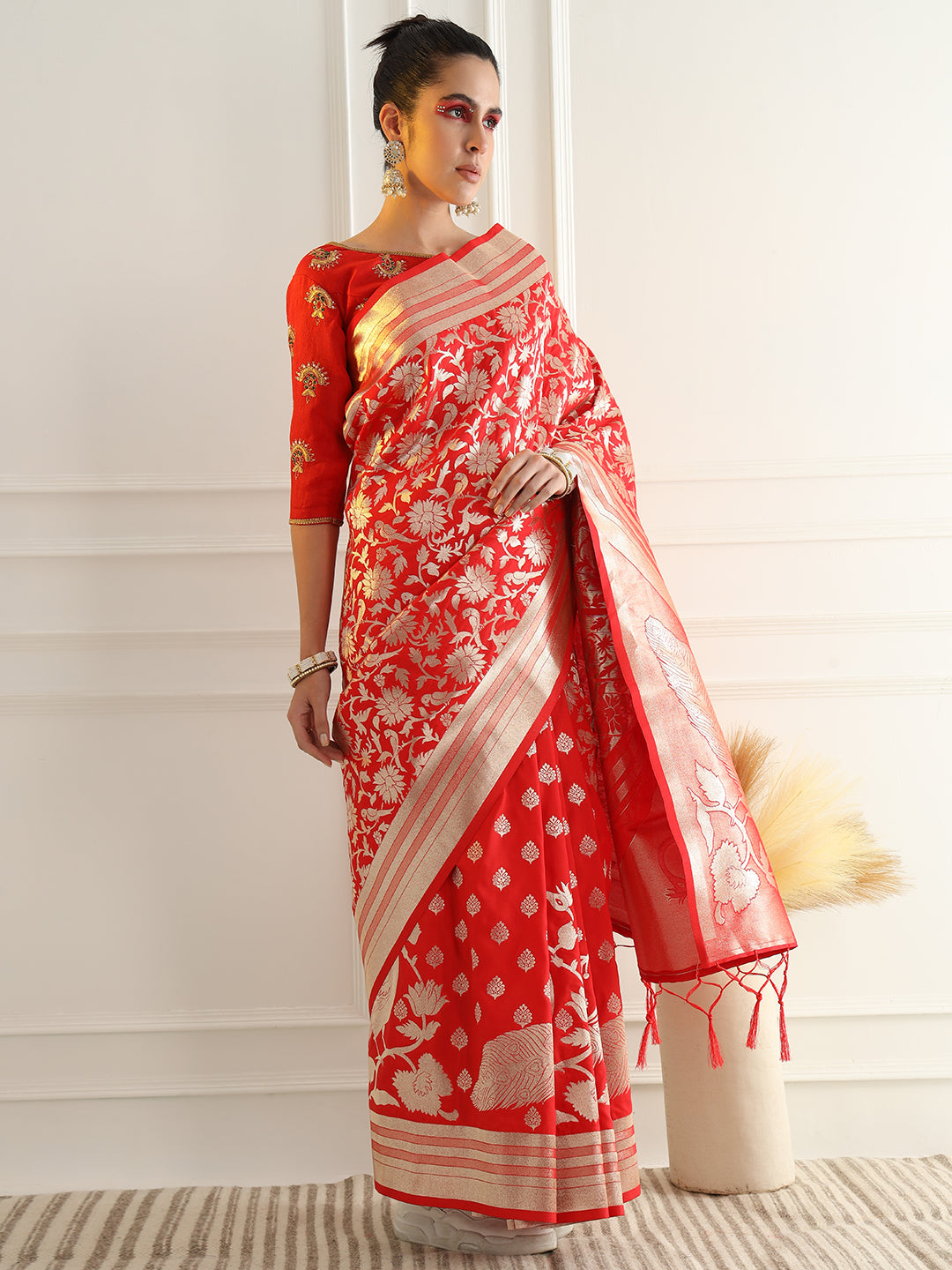 Bright Traditional Banarasi Saree with Bold Zari Peacock Motifs