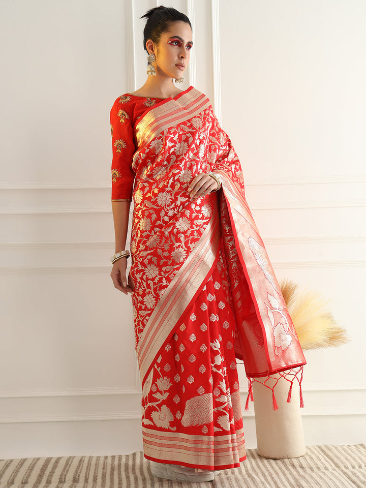 Bright Traditional Banarasi Saree with Bold Zari Peacock Motifs