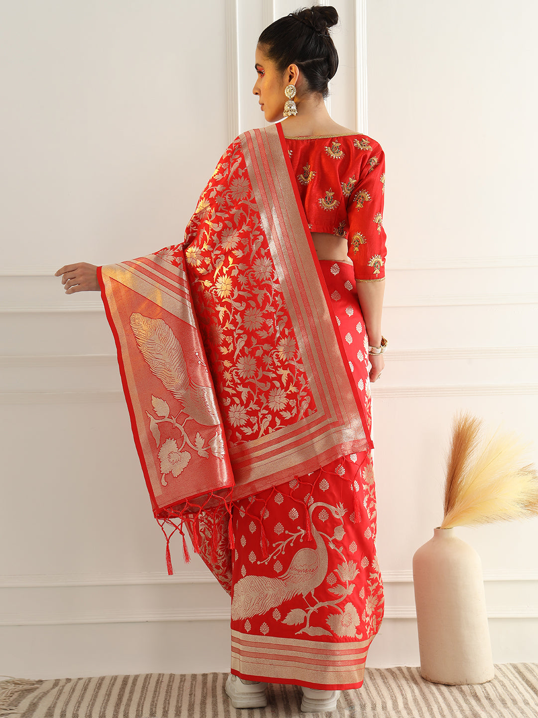 Bright Traditional Banarasi Saree with Bold Zari Peacock Motifs