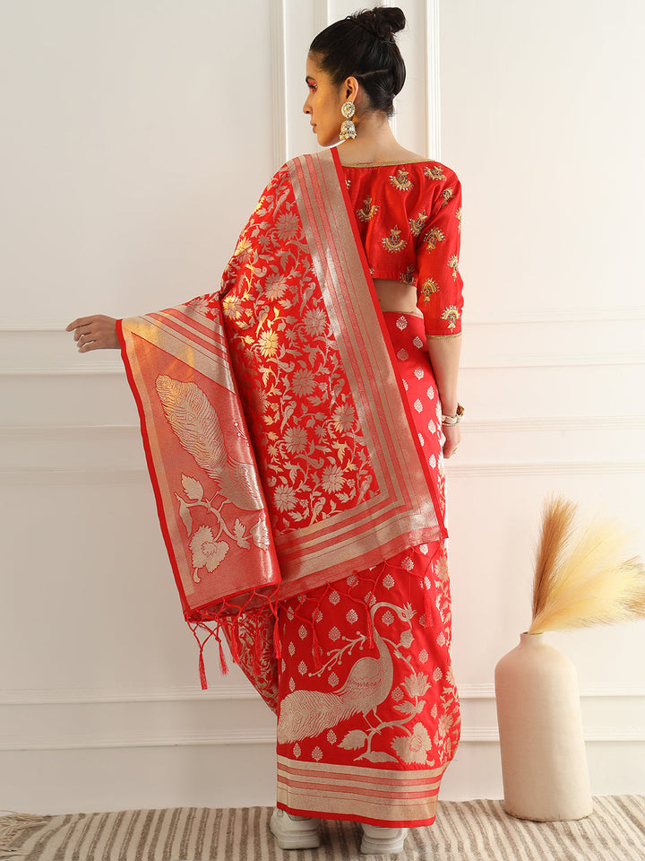 Bright Traditional Banarasi Saree with Bold Zari Peacock Motifs