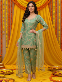 Banarasi Meenakari Straight Suit with Pearl, Mirror Embellishments & Tasseled Hemline