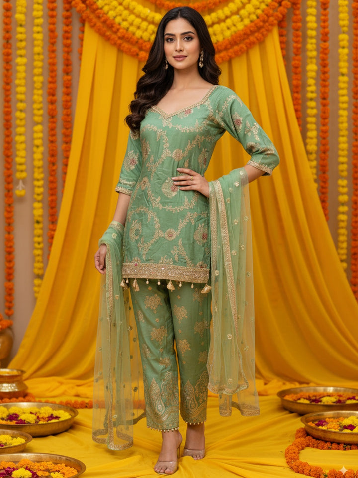 Banarasi Meenakari Straight Suit with Pearl, Mirror Embellishments & Tasseled Hemline