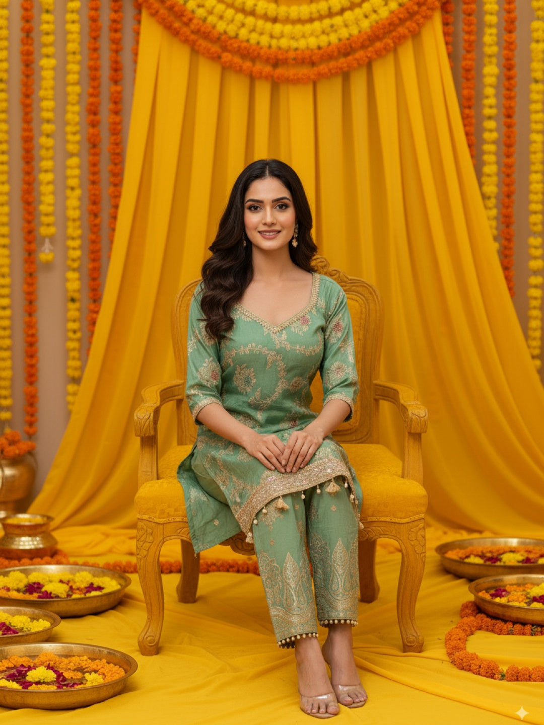Banarasi Meenakari Straight Suit with Pearl, Mirror Embellishments & Tasseled Hemline