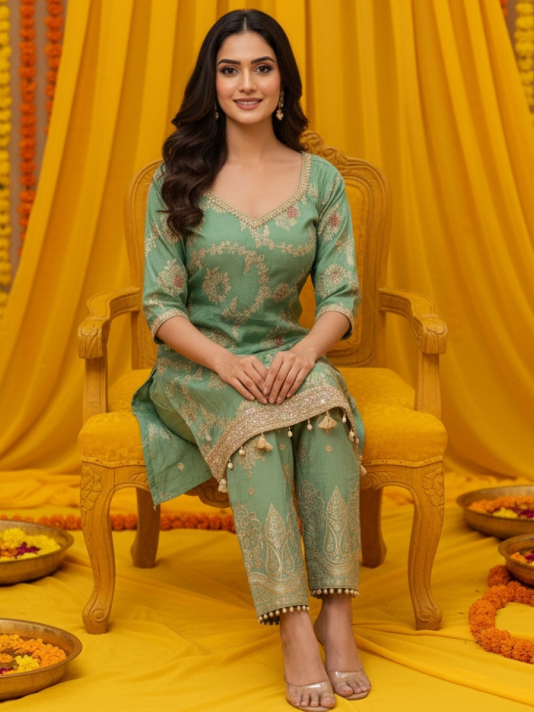 Banarasi Meenakari Straight Suit with Pearl, Mirror Embellishments & Tasseled Hemline